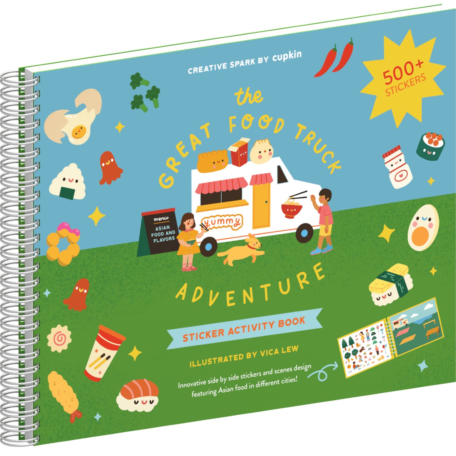 Sticker activity book cover with food truck and children illustration