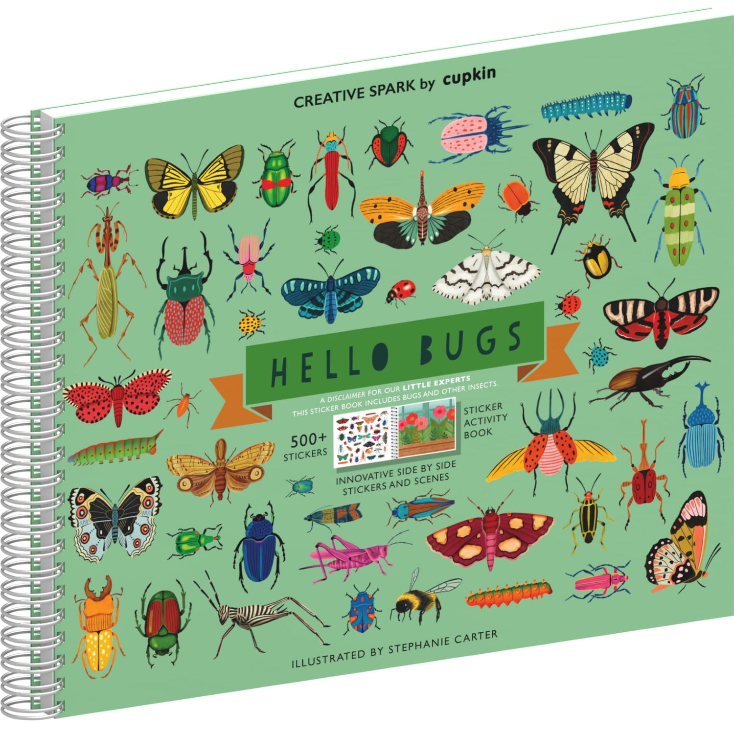 Children's activity book titled 'Hello Bugs' with colorful bug illustrations on a green background.