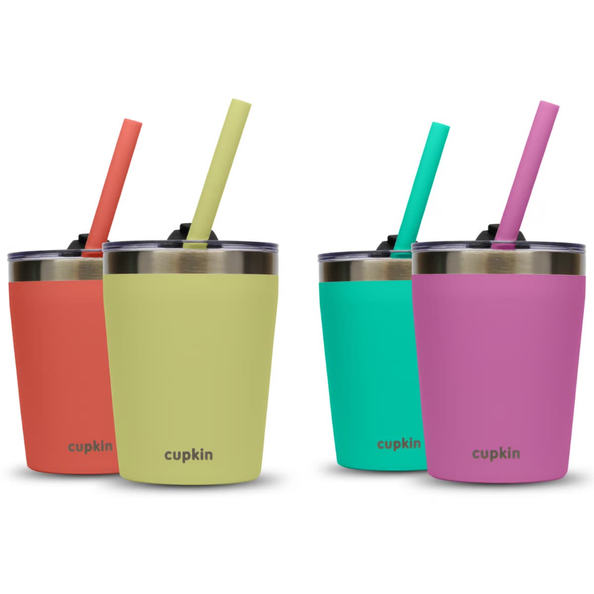 Four colorful tumblers with straws on a white background, branded 'cupkin'.