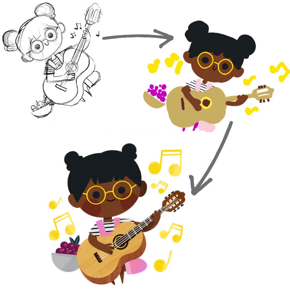 Illustration of a girl playing guitar with added color and details, showing the process from black and white to colored version.
