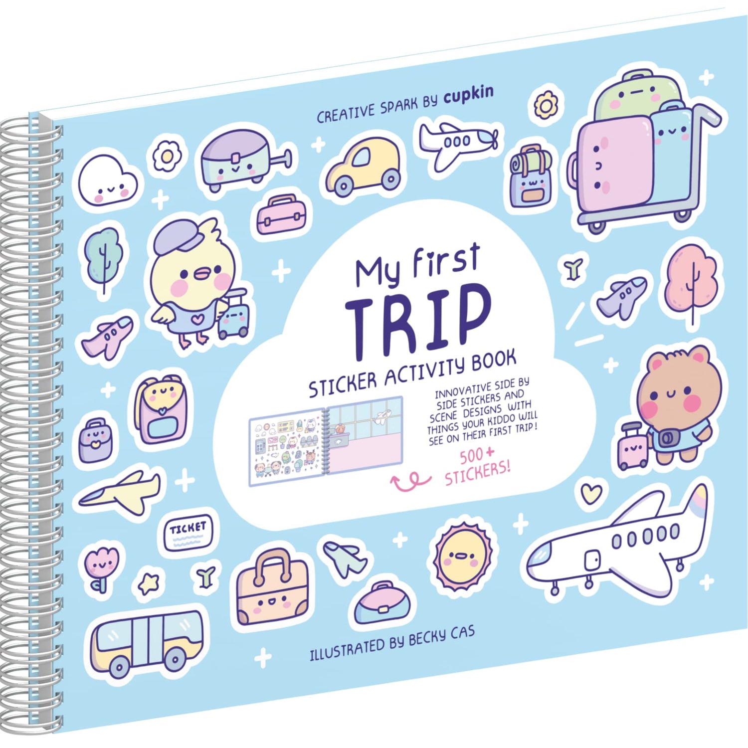 Sticker activity book titled 'My First Trip' with colorful illustrations on a blue background.