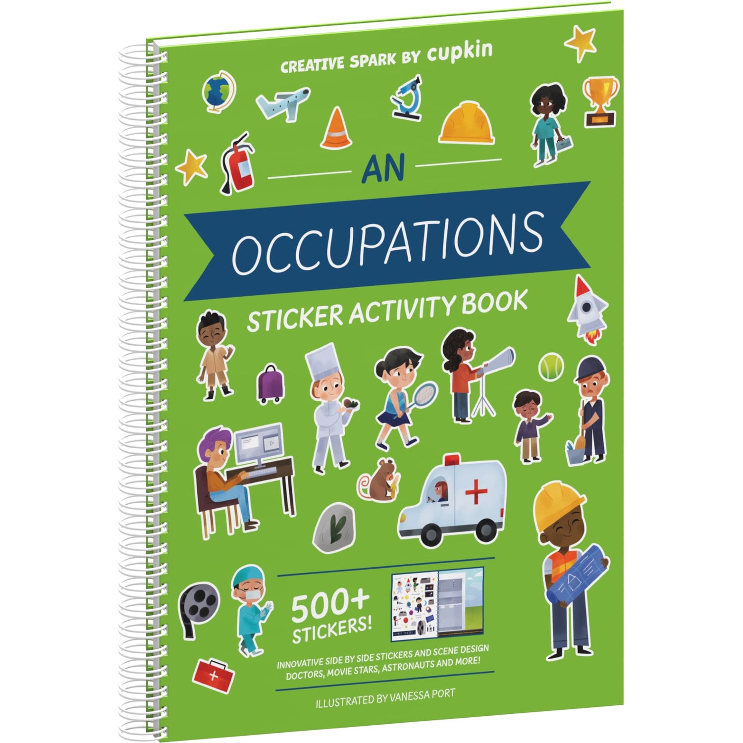 Sticker activity book titled 'An Occupations Sticker Activity Book' with illustrations on a green background