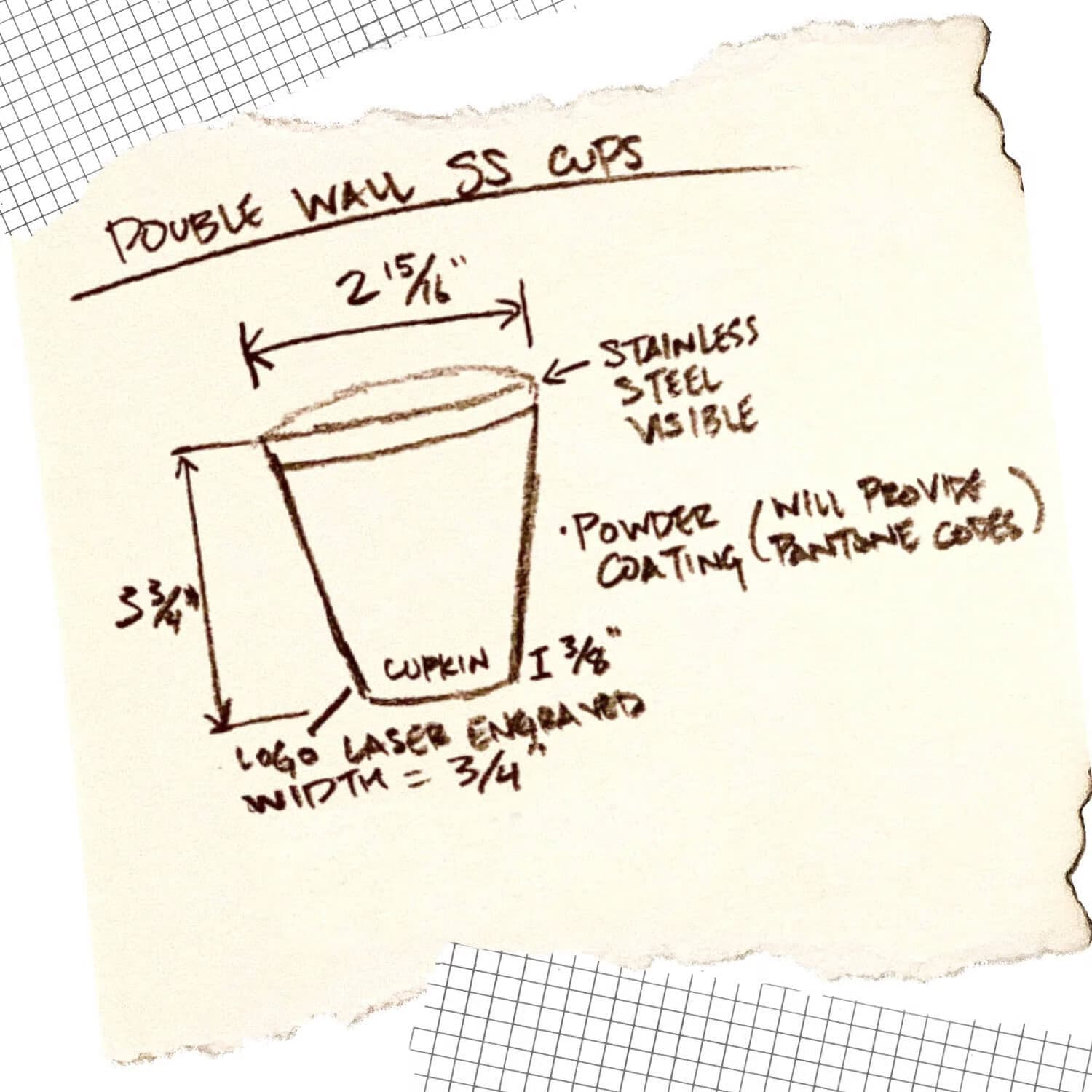 Hand-drawn diagram of a double-wall stainless steel cup on a textured surface.