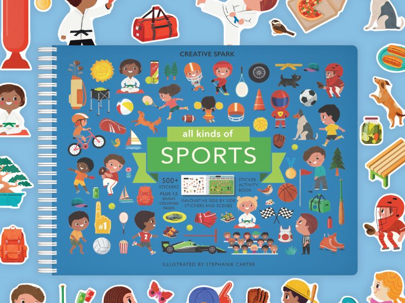 A spiral-bound children's activity book titled 'all kinds of SPORTS' by Creative Spark, featuring a colorful flat illustration of various sports on its cover, surrounded by matching sports-themed stickers on a light blue background.