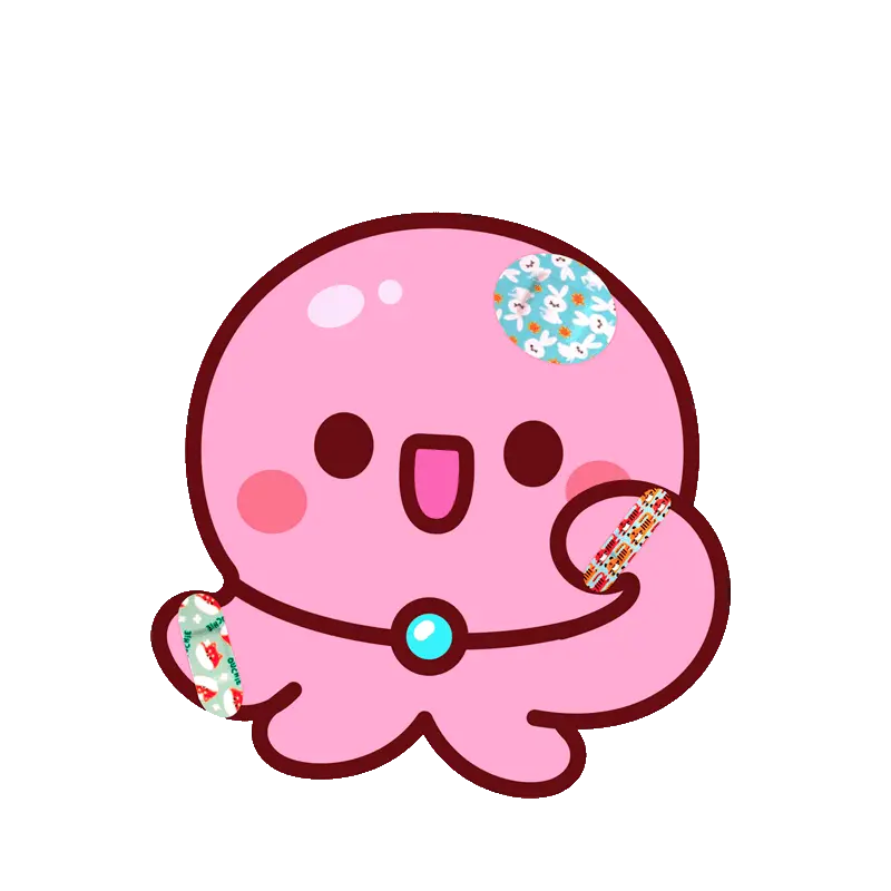 Cartoon pink octopus with a bandage on a white background