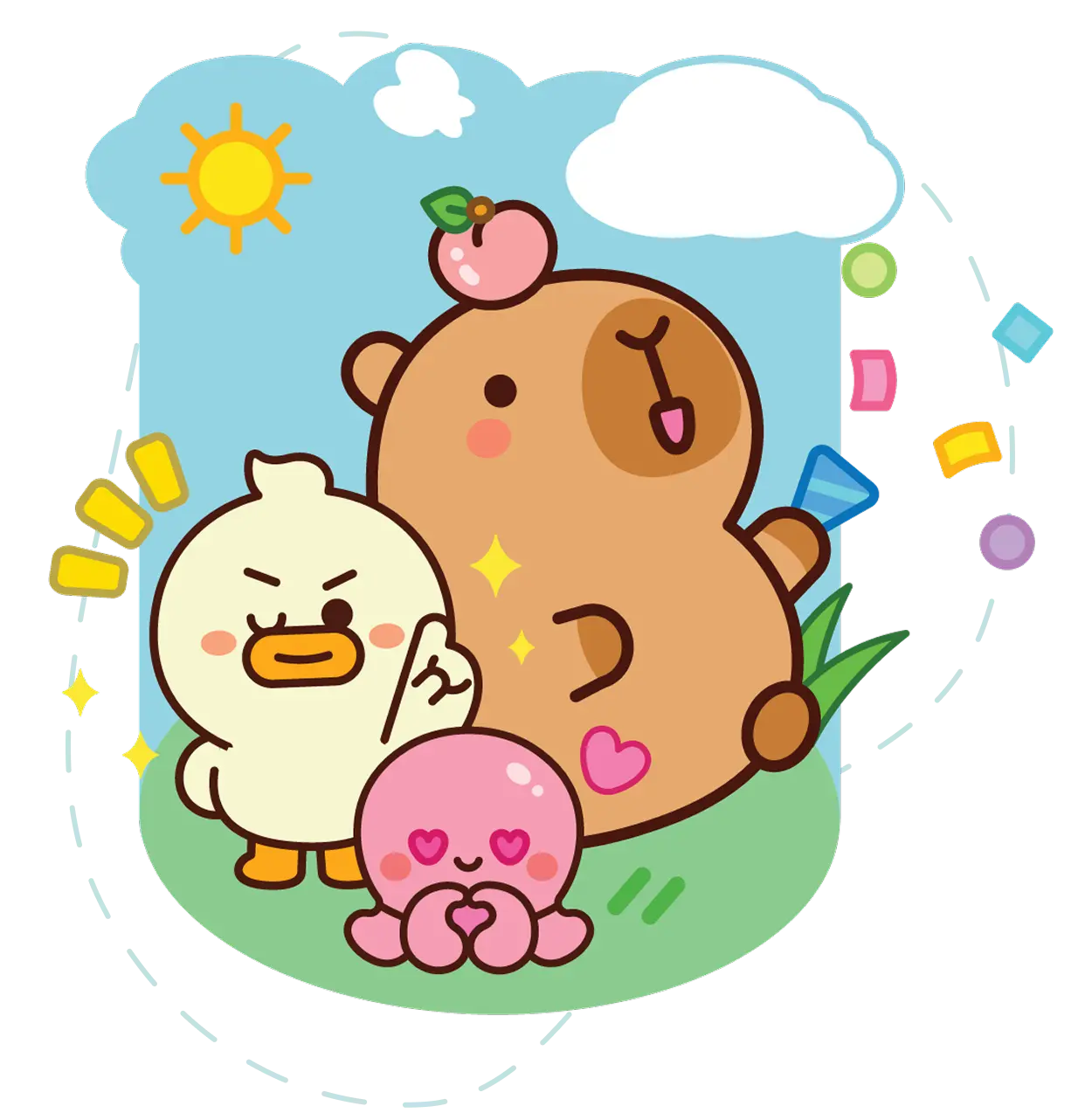 Cartoon characters on a colorful background with a sun and clouds.