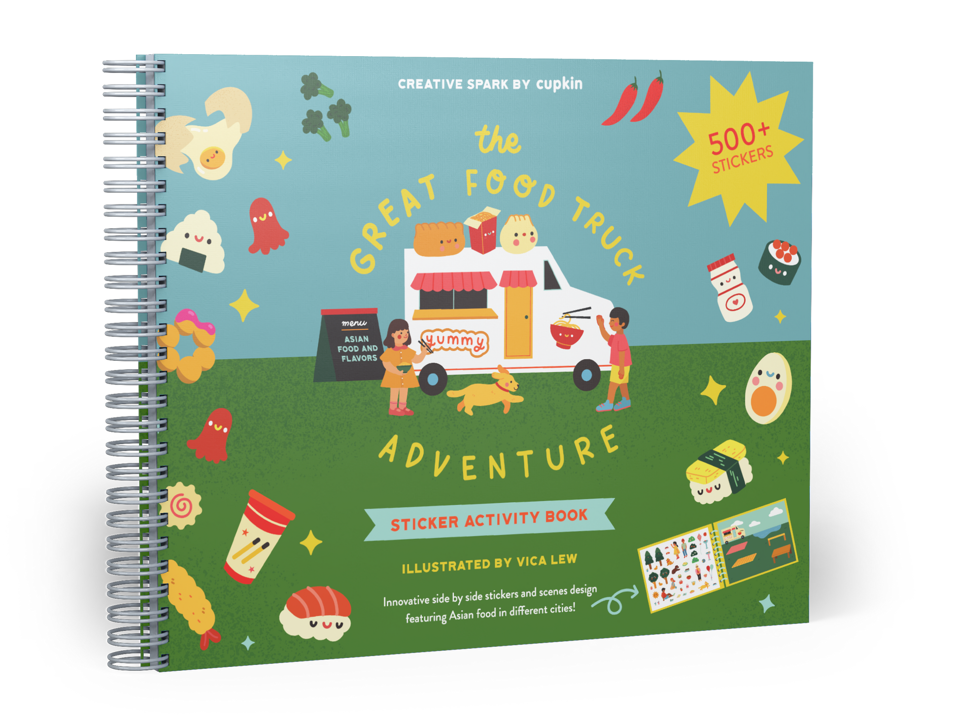 Cute Foods Around Town Activity Book Lay Flat Side by Side Kawaii Sticker  Books Coloring Pages 500 Cute Kawaii Stickers 12 Scenes for Kids 